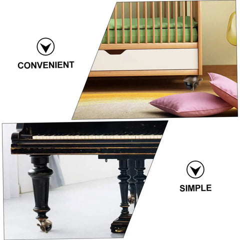 Four Pack Vintage Brass Caster Plates With Locking Wheels Heavy Duty Furniture Casters Built Like A Tank Smooth As Butter Rolling Platform For Trolleys And Shelves Indoor Outdoor on a crisp background with furniture.