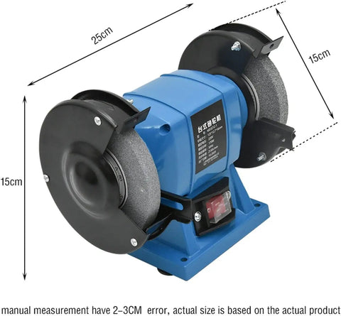 No Sweat Five Inch Desktop Bench Grinder Sharpener Solid Frame With Bright Work Light And Dual Grit Wheels in blue color, 25cm x 15cm size.