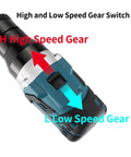 Brushless Electric Rivet Gun Kit With Rechargeable Battery speed gear switch detail with red high speed and blue low speed arrows