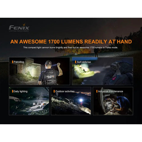 PD35 V3.0 1700 Lumen Tactical Flashlight Bundle image showcasing usages like patrolling, self-defense, and outdoor activities.