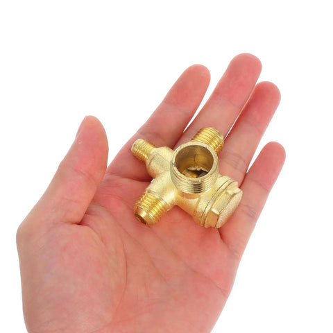 Heavy Duty 4 Way Pneumatic Check Valve Threaded Air Compressor Fitting Zinc Alloy in hand for easy comparison.