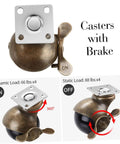 Vintage Bronze Swivel Casters Four Pack Hella Smooth Heavy Duty Two Inch Dual Ball Bearing Wheels showing a caster with brake mechanism.