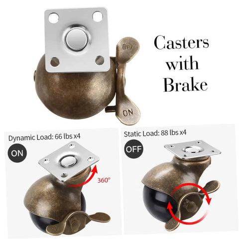 Vintage Bronze Swivel Casters Four Pack Hella Smooth Heavy Duty Two Inch Dual Ball Bearing Wheels showing a caster with brake mechanism.