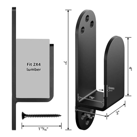 Heavy Duty Door Barricade Brackets Keep Your Entryway Locked Tight With This Tough Black Steel Safety Kit with dimensions and mounting hardware.