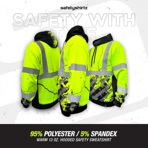 American Grit Hi Vis Hoodie for Men Built Tough, Class 3 Type R Safety Sweatshirt, reflective hood, yellow, size small