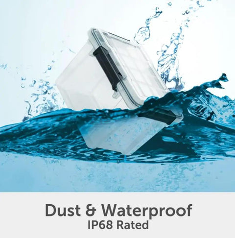 Three Pack 19 Quart Clear Plastic Storage Containers Featuring Bulletproof IP68 Waterproof Rating floating in water.