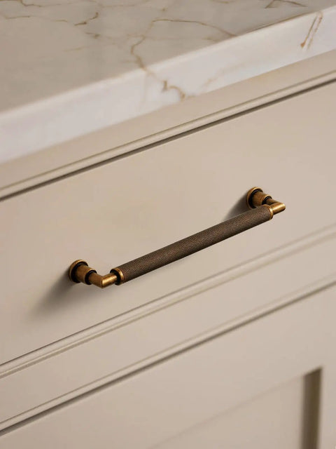 Premium Vintage Antique Brass Cabinet Pulls 10 Pack With Badass Knurled Grip And Slick Retro Style For Dresser Drawer Hardware Upgrade. Close-up view.