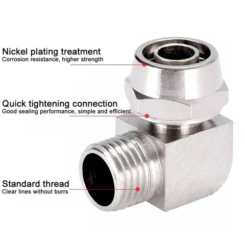 Workhorse Grade Nickel Plated Brass Elbow Fitting Kit 10 Piece Set connector with nickel plating for durable pneumatic applications.