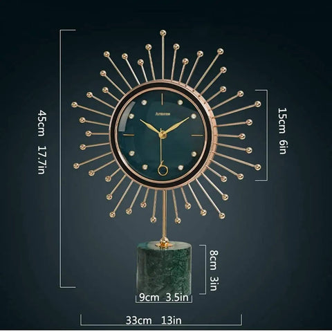 Modern Marble Desktop Clock With 18K Gold Plated Frame Super Quiet Battery Sweep Movement Large Crisp Dial displayed on a green marble base.