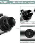 Tough 90 Degree Angle Air Die Grinder With High Torque Motor shows lubrication point and adjustable air speed dial for metal work.