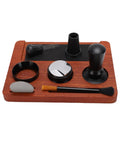 Pro Level Premium Solid Wood Coffee Tamper Kit With Heavy Duty Tamping Station Barista Espresso Press Accessories Built Tough And Lookin Real Sharp, showing all tools on wooden tray.