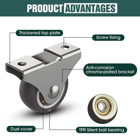 2 Inch Rubber Caster Wheels Set Low Profile Fixed and Quiet Rolling Casters for Furniture Drawers Storage Bins and Small Appliances Brown 4 Pieces Durable Thermoplastic Rubber TPR Non Marking Ideal for DIY Projects showcasing anti-corrosion bracket, TPR ball bearing, dust cover, and installation features.