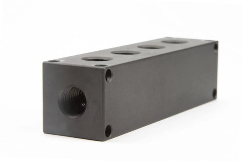 Top Shelf 6 Port Pneumatic Manifold With 1/4 Inch NPT Threads Including Mounting Bracket For Heavy Duty Air Systems Truck Trailer Camping Rig Build Black, showing side view.