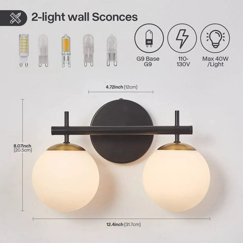 Black And Gold Two Light Vanity Light Fixtures With Globe Milky Frosted Glass For Bathroom Over Mirror, G9 Base size details