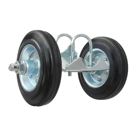 Heavy Duty Sliding Gate Rollers With 600 Pound Capacity Featuring Dual Wheel Pipe Track Setup Rust Resistant Galvanized Build And Included Latch For Smooth No Fuss Driveway Gate Projects close-up of dual wheel setup with galvanized metal frame and rubber tires.