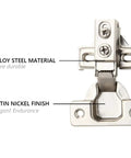 Six Pack Heavy Duty Soft Close Cabinet Door Hinges Face Frame Style With Built In Metal Dampers And Brushed Satin Nickel Finish showing alloy steel material and satin nickel finish.