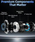 Exploded view of Rock Solid 2 Inch Exit Compression Horn Driver components, showcasing titanium diaphragm and heavy-duty motor.