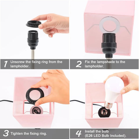 Installation steps for Pink Touch Control Table Lamp With 3 Way Dimmable Brightness And USB A And USB C Ports, White Base Modern Nightstand Light
