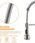 Close-up of braided hose featuring LED Light Kitchen Faucet With Pull Down Sprayer Dope Style Sus304 Stainless Steel Industrial Single Handle Brushed Nickel Finish For Farmhouse Campers RVs Laundry Utility And Wet Bar Sinks.