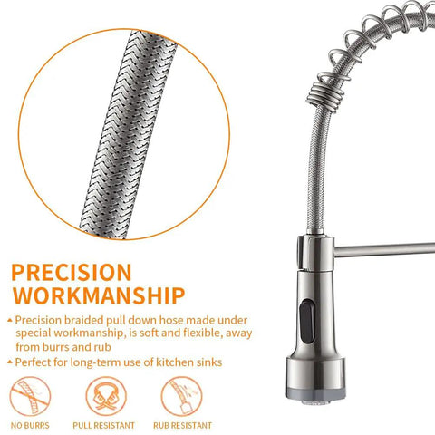 LED Light Kitchen Faucet With Pull Down Sprayer In SS304 Stainless Steel Brushed Nickel Finish featuring braided hose detail