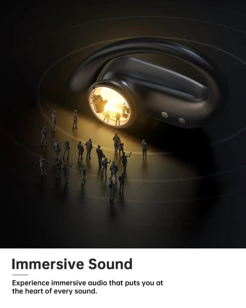Bluetooth 5.4 Wireless Earbuds With Secure Ear Hooks For Running And Workouts IPX7 Waterproof Sport Headphones shown with immersive sound effect.