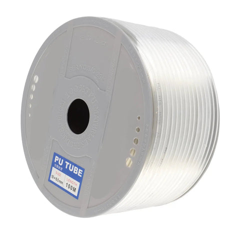 Top Shelf Transparent PU Air Hose Featuring 10mm OD And 6.5mm Inner Bore Stretching 328 Feet Of Ridiculously Flexible Pneumatic Tubing for compressor use.