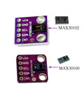 MAX30102 Low Power Heart Rate And SpO2 Sensor Breakout Board comparison with MAX30100, showing sensor modules and pin labels