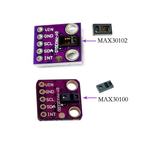 Comparison of MAX30102 and MAX30100 sensors on breakout boards for pulse oximetry, I2C 3.3V, ideal for Arduino and ESP32 projects.