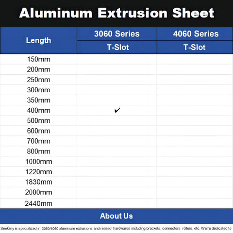 Aluminum extrusion sheet showing 400mm length option in 3060 T-Slot series for CNC build projects.