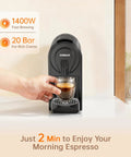 Front view of Upgrade Bafe Pro Espresso Machine For Nes Original Pods At Home 20 Bar Pump Fast Extraction Black Finish on counter
