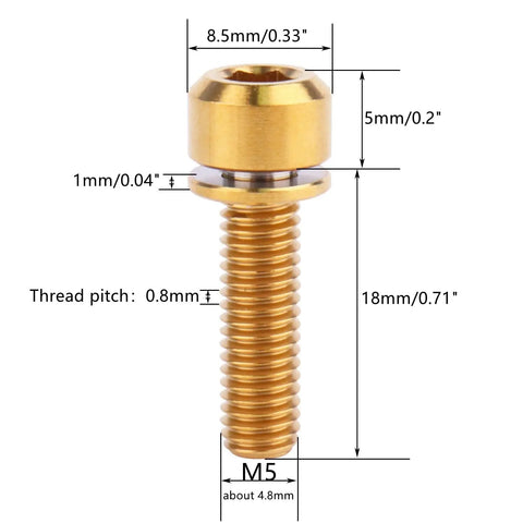 Top Shelf Titanium Hex Screws with Stigma Chamfer Heads plus Washers M5x18mm showing dimensions and gold finish.