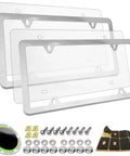 Crystal Clear License Plate Frame Covers 2 Pack Flat Tag Shield Protector with unbreakable acrylic and screw caps displayed.