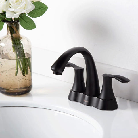 Matte Black 4 Inch Centerset Bathroom Faucet With Two Handles Pop Up Drain And Supply Lines Solid Brass Construction