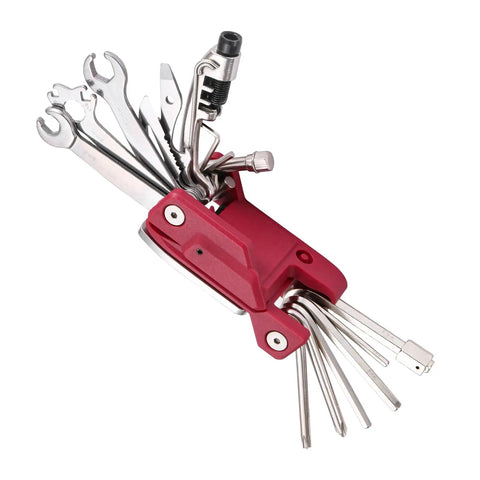Bike Repair Multitool Kit 21 In 1 With Carry Case Portable Cycling Tool Set open showing wrenches, hex keys, and more.