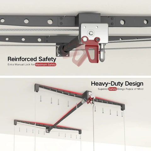 Heavy Duty Overhead Garage Storage Rack For 10 To 12 Ft Ceilings With A Slick Drop Down Release And Rock Solid Safety Locks 4X4 Foot Ceiling Loft Organizer 250 Lb Capacity showing the reinforced safety lock mechanism.
