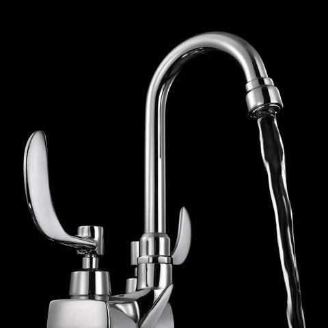 Commander Centerset Bathroom Faucet With 4-Inch Wrist Blade Handles In Chrome, 0.5 GPM Flow, Solid Brass Construction, water flowing