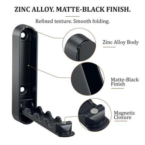 Sick Folding Wall Hooks Black Rounded Design Swivel Arms Tuck Flat Against Wall Space Saving Zinc Alloy Heavy Duty Coat Hangers For Jackets Bags Entryway Vibe close-up showing zinc alloy body and matte-black finish.