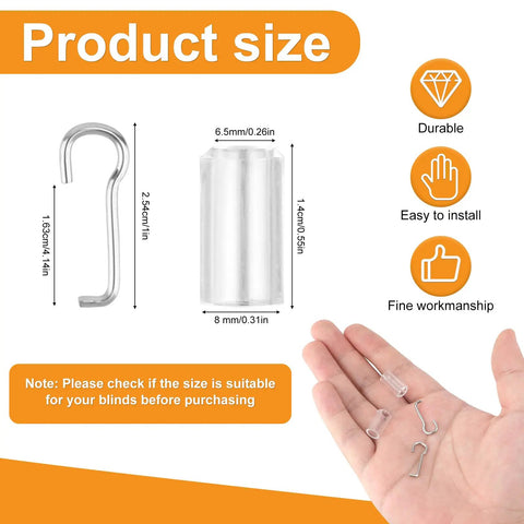 Four Piece Wand Wire And Sleeve Collar Hook Kit For Horizontal Mini Blind Repair Sweet Upgrade parts shown in hand with size dimensions.