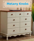 Heavy Duty Round Wood Drawer Knobs For Dressers And Cabinets, Slick Red Brown Finish With Hassle Free Mounting Screws, Pro Level Furniture Pull Handles Set Of Ten on a dresser.