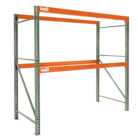 Hella Durable Steel Pallet Rack Upright Frame 48 By 96 Inch 14 Gauge Heavy Duty Warehouse Setup with orange beams.
