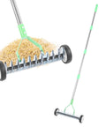 Wheeled Adjustable Thatch Rake For Lawn Care With Protective Gloves, Ergonomic dethatcher rake with rust resistant carbon steel head.