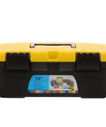 Heavy Duty Plastic Handheld Toolbox With Splashproof Compact Build, Rugged Electrician Storage Case, Solid Tool Kit Organizer for quick fixes, 10 inch black and yellow box.