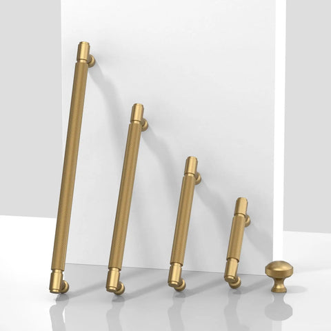 Ten Pack Champagne Bronze Knurled Cabinet Pulls 5 Inch Center To Center in various sizes displayed against a white background.