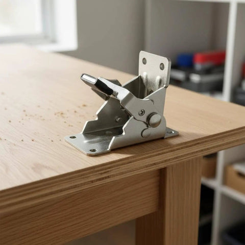 Folding Table Hinge With Automatic Locking Bracket, heavy-duty nickel silver, right angle support on wooden surface