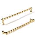 10 Pack 10 Inch Center To Center Cabinet Pulls Rock Solid Heavy Duty Polished Brass Drawer Handles No Nonsense Build For Kitchen Cabinets Dressers And Bathroom Remodels Killer Shine Finish close-up of two styles of polished brass cabinet pulls