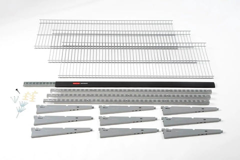 Customizable Wall Shelving System With Adjustable Hooks And Heavy Duty Rails For Garage Or Workshop Storage includes gray rails and wire shelves.