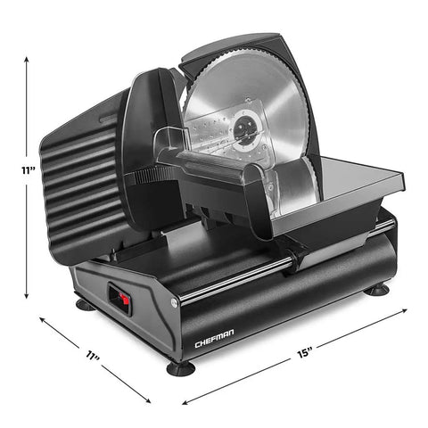 Powerhouse Electric Deli Slicer With Adjustable Thickness Dial And Precision Stainless Steel Blade, 15" compact design for efficient slicing.