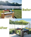 Before and after of play kitchen with All Around Playtime Patio Canopy Replacement For Outdoor Play Kitchen Playset.