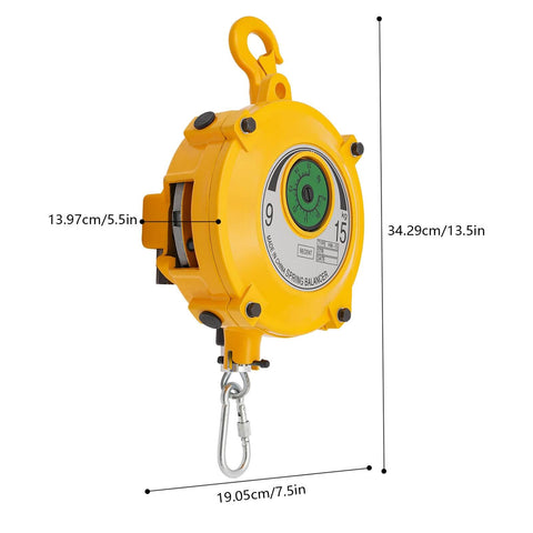 Retractable Spring Balancer For Tools With Adjustable Tension From 19.8 To 33.1 Lbs, yellow body, gauge dial, and 1.5m wire rope