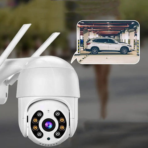 Watch Your Back 270 Degree PTZ Security Camera 1080P HD Outdoor AI Human Detection showing a parked car in a garage.